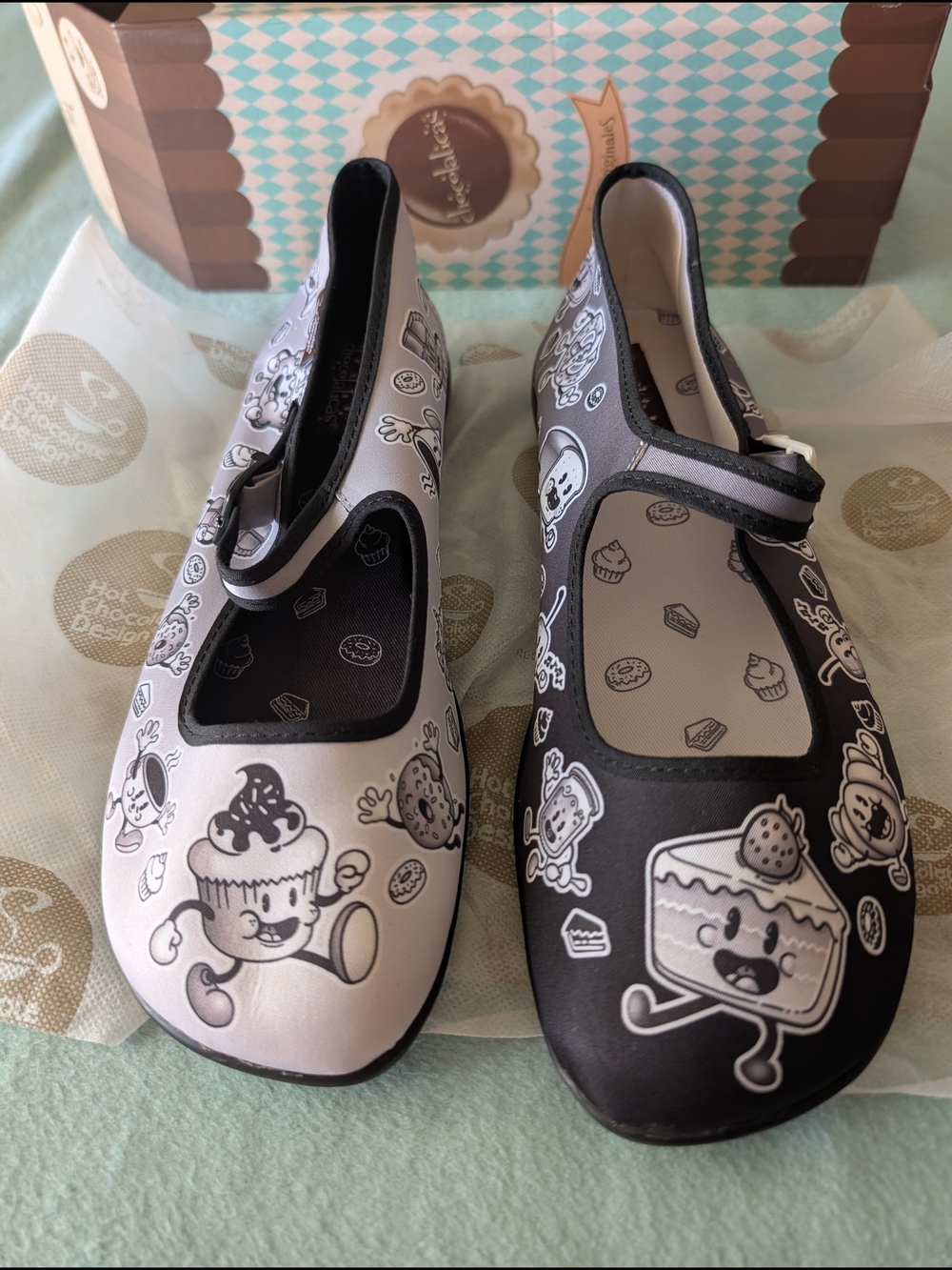 Hot Chocolate Cartoon Character Mary Jane Flats - Black & White